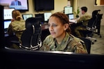 U.S. Air Force Staff Sgt. Diane Piedrahita, an emergency management specialist for the 165th Airlift Wing, updates a spreadsheet tracking personnel devoted to COVID-19 relief efforts in the state of Georgia. Piedrahita recently returned from a deployment overseas and is pursuing a master’s degree in public health.