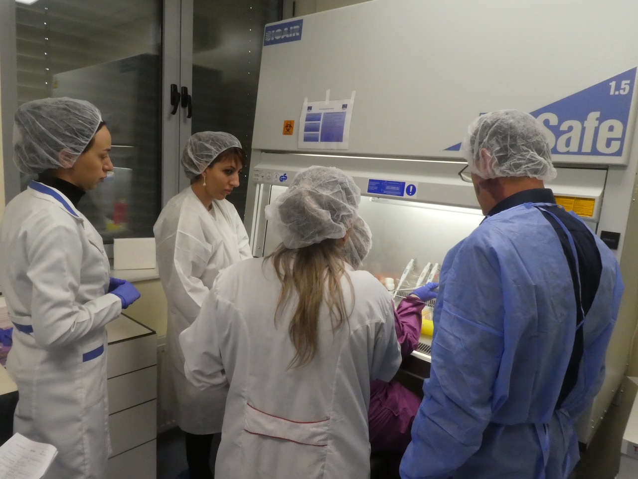 Three women and a man work at a biosafety cabinet.