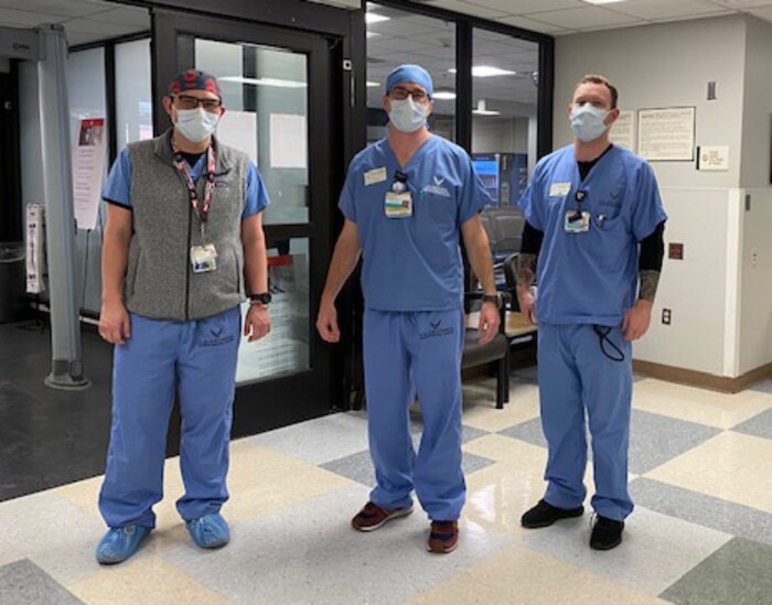 Health care workers at the Vanderbilt University Medical Center in Nashville, Tennessee, wearing scrubs that were donated two weeks ago by recruiters from Air Force Recruiting Service. The donation of these Air Force Health Professions scrubs was led by Staff Sgt. Brandon McKeever, 342nd Recruiting Squadron, B-Flight. (Courtesy photo)