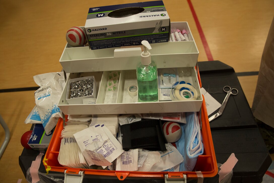 A toolbox is staged with materials for the Armed Services Blood Program (ASBP) blood drive at Hopkins Gymnasium on Camp Elmore, Norfolk, Virginia, May 28, 2020. Despite the Coronavirus Disease 2019 (COVID-19) pandemic, ASBP and leaders with Headquarters and Service Battalion, U.S. Marine Corps Forces Command, Fleet Marine Force Atlantic, coordinated this event to help support the ASBP in their critical mission of blood collection, manufacturing and transfusion of the U.S. military. (U.S. Marine Corps Photo by Lance Cpl. Jack Chen)