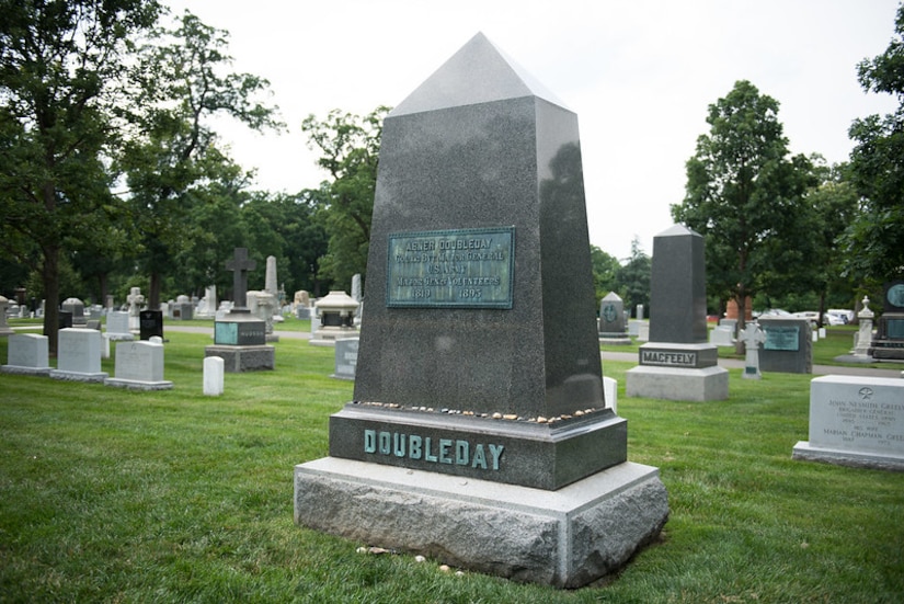 A photograph of a tombstone bearing Doubleday’s surname.