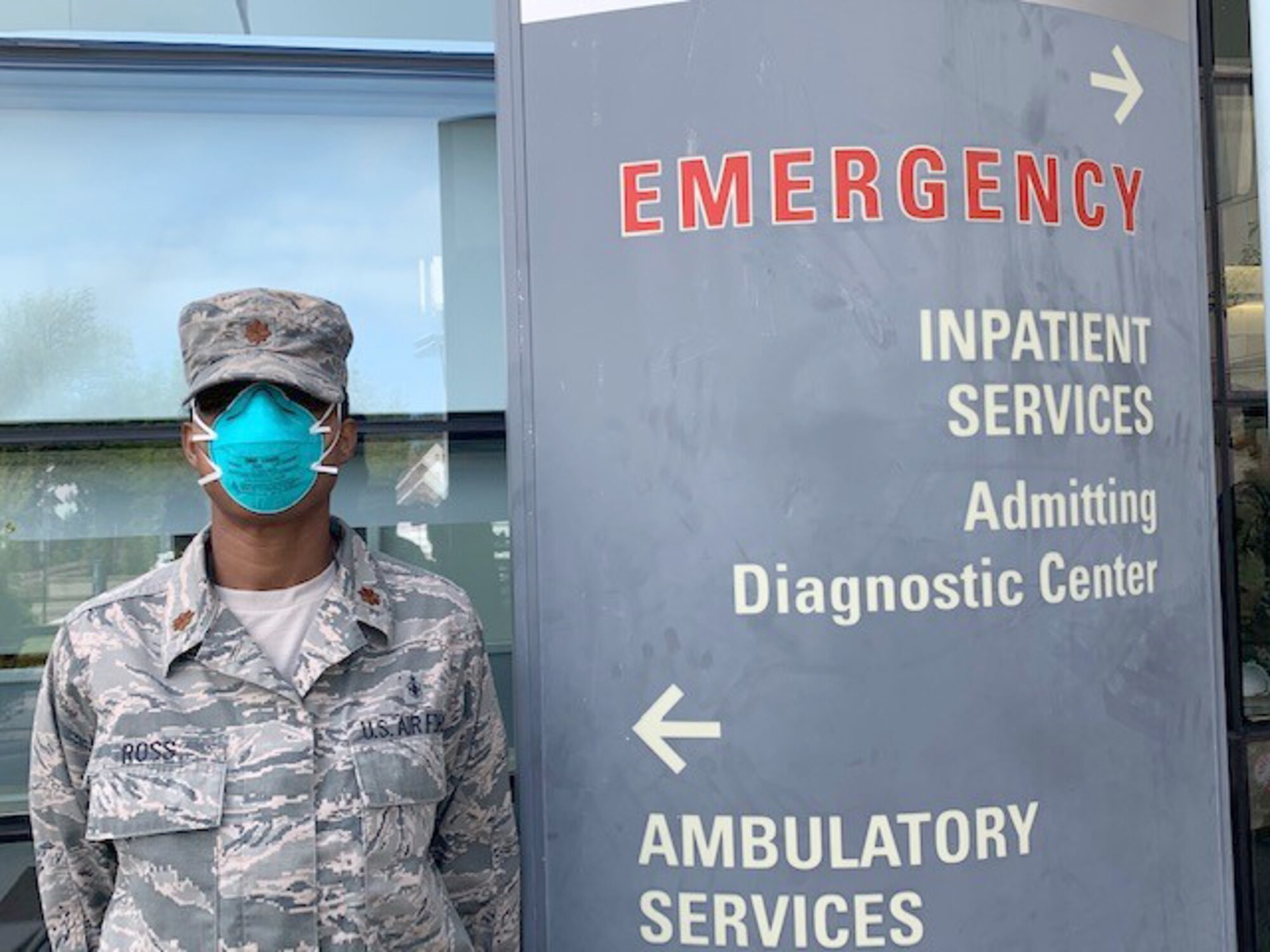 Maj. Enrika Ross, 94th Aeromedical Staging Squadron nursing OIC, poses for a photo outside of New York City’s Queens Hospital, where she worked as a nurse in the medical-surgical unit as part of the whole-of-government response to the COVID-19 pandemic. For the last couple months, thousands of medical personnel from Air Force Reserve Command have been working alongside their military and civilian counterparts in the U.S. Army North-led Joint Forces Land Component Command. (Courtesy photo)
