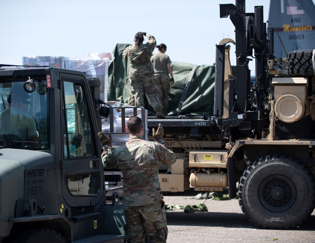 U.S. Air Force C-130 Hercules assigned to the 133rd Airlift Wing participated in a two-phased movement of supplies with Alpha Company, 134th Brigade Support Battalion destined for Minnesota State Patrol in St. Paul, Minn., May 31 2020.