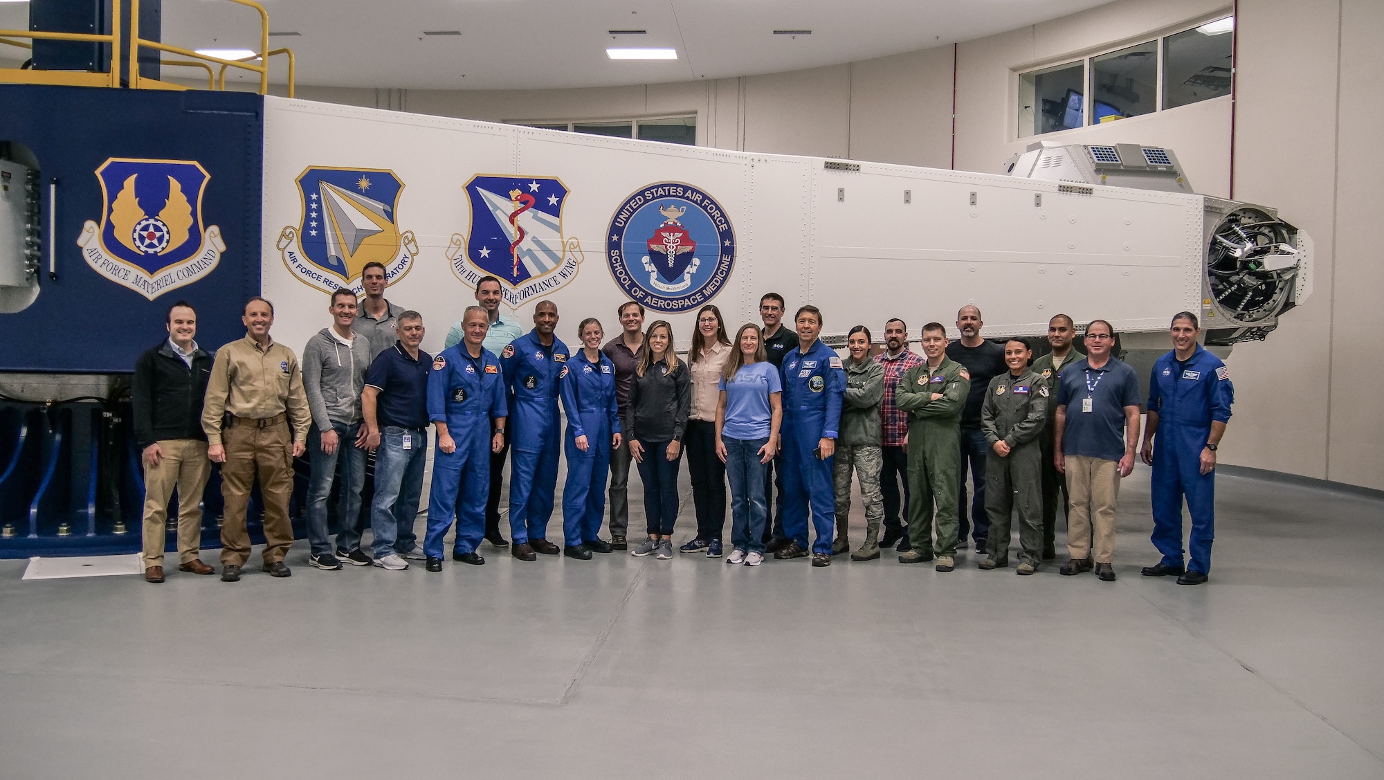 During the two-day testing with NASA and Boeing astronauts Nov. 1-2, 2018, the centrifuge spins with one of the astronauts inside. This centrifuge is the Department of Defense’s only human-rated centrifuge with interchangeable cockpits, a capability that enabled NASA and AFRL engineers to create the astronauts' cockpit. (U.S. Air Force photo/Keith Lewis)