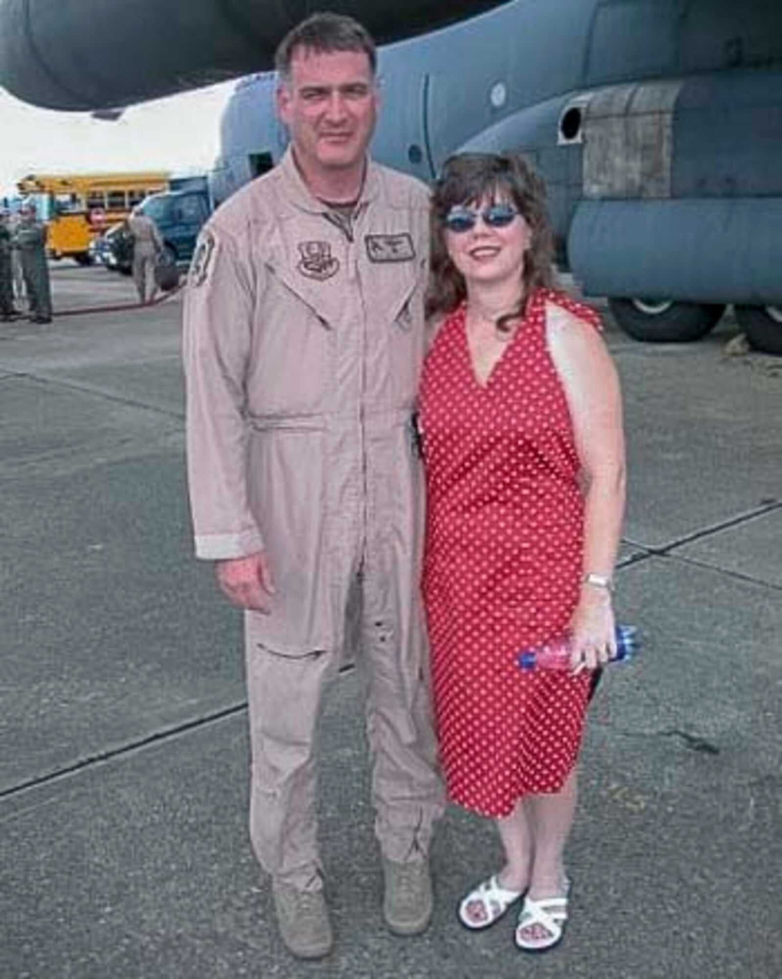 Air Force Reserve Chief Master Sgt. Donald Tarrance poses with his wife at Maxwell Air Force Base, Ala. after returning from a deployment in 2010. Prior to being a loadmaster, Tarrance also served as an aeromedical evacuation technician, flight medical aidman, and a jumpmaster. (Courtesy photo)