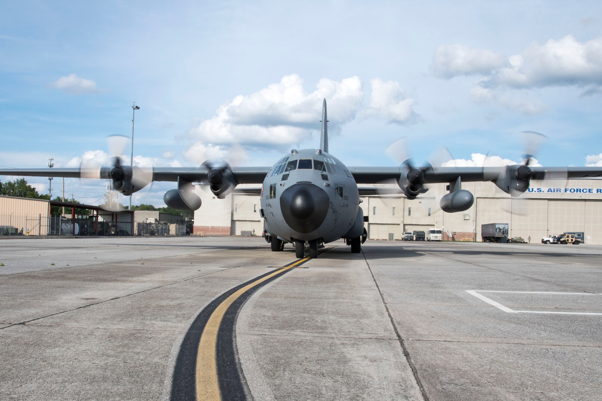 A Dobbins C-130H3 Hercules taxis on the flightline at Dobbins Air Reserve Base, Ga. on May 28, 2020. The aircraft picked up the four nurses who recently mobilized to New York City area hospitals to combat the COVID-19 pandemic. A C-17 Globemaster took the nurses from Joint Base McGuire Dix Lakehurst, N.J. to Charleston where the C-130 picked them up for the remaining leg of the journey. The C-130 then departed from Dobbins and took the remaining nurses to Robins AFB, Ga. (U.S. Air Force photo/Andrew Park)