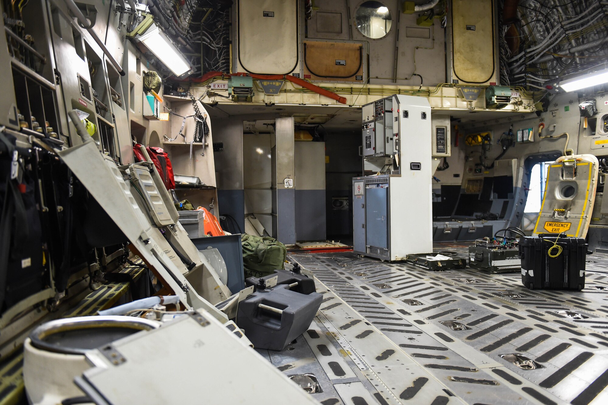 A C-17 Globemaster III undergoes a major interior refurbishment during a home station check on Joint Base Lewis-McChord, Wash., May 20, 2020. Every 180 days a C-17 receives a home station check, during which it undergoes a thorough safety and functionality inspection. (U.S. Air Force photo by Airman 1st Class Mikayla Heineck)