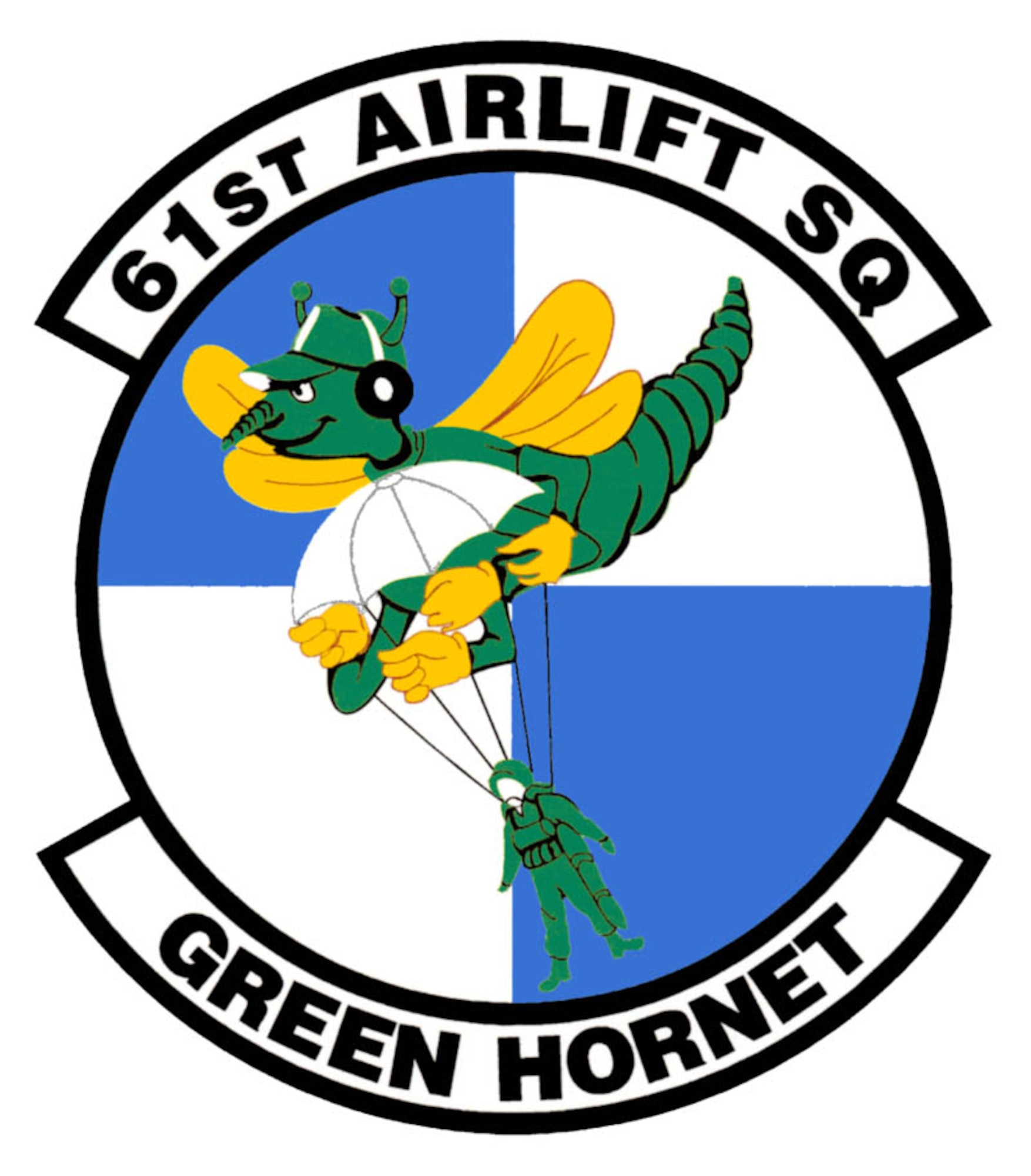 Military patch of a green hornet carrying a paratrooper