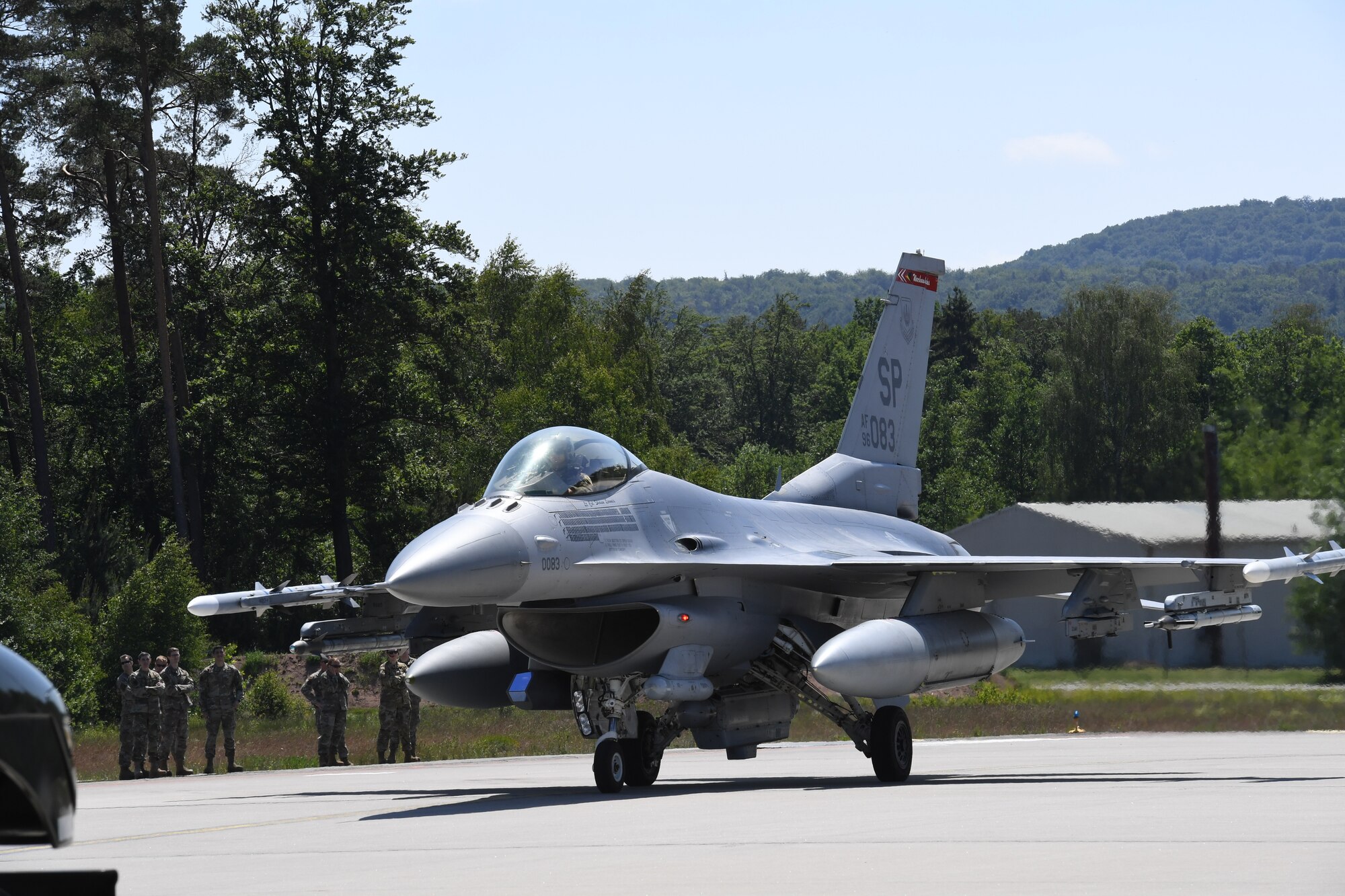 An F-16 Fighting Falcon from the 480th Fighter Squadron taxis on the flightline at Ramstein Air Base, Germany, May 28, 2020. The aircraft flew in from Spangdahlem Air Base to participate in an Agile Combat Employment exercise. (U.S. Air Force photo by Airman 1st Class Alison Stewart)