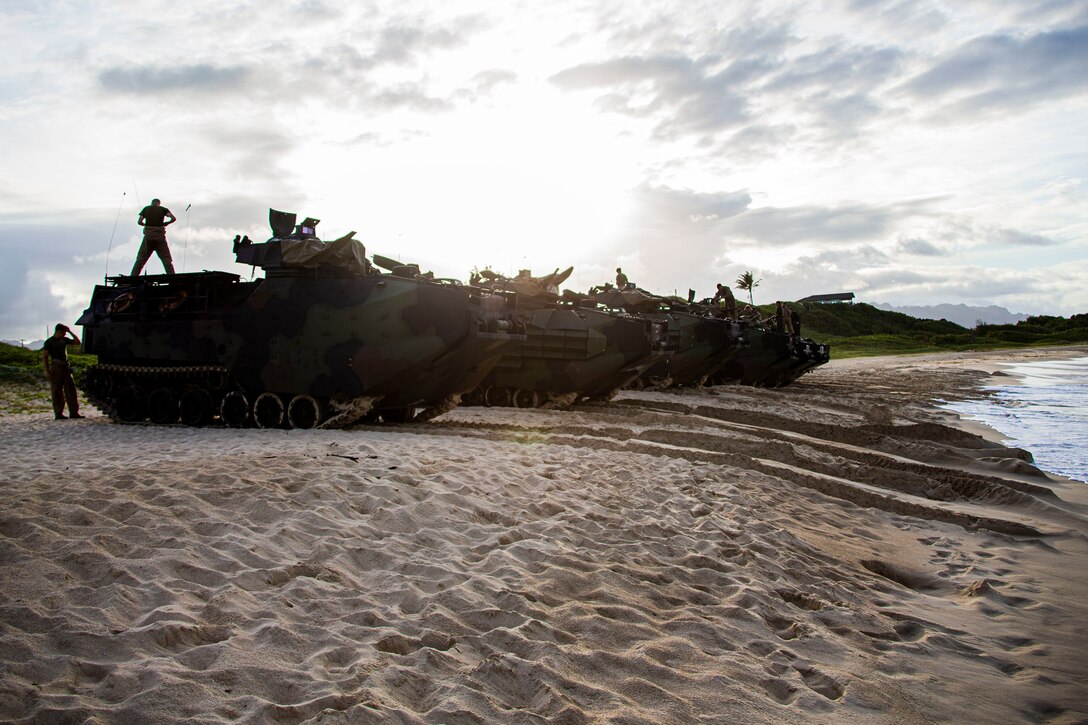 U.S. Marines stage their assault amphibious vehicles prior to night operations on Marine Corps Base Hawaii, May 27.