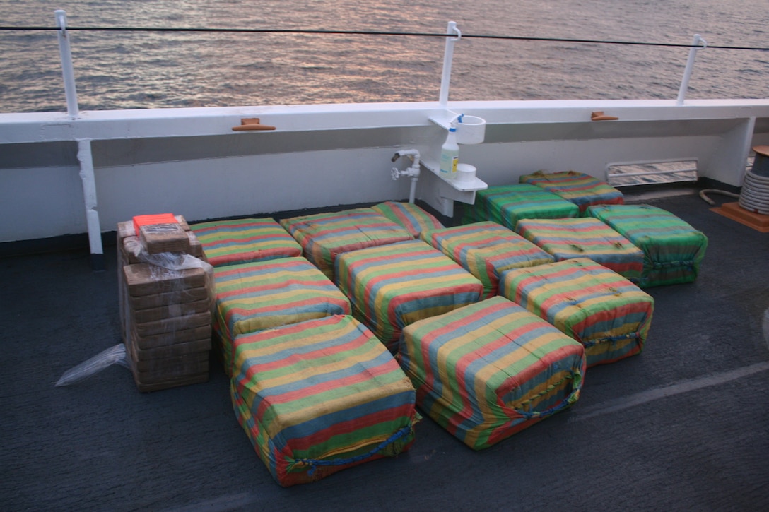 Suspected cocaine is shown on the deck of the Coast Guard Cutter Confidence.
