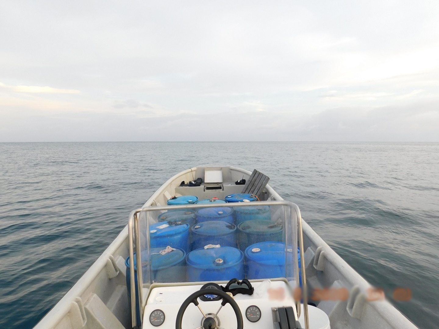 A panga is shown in the eastern Pacific Ocean off Central America in mid-May 2020