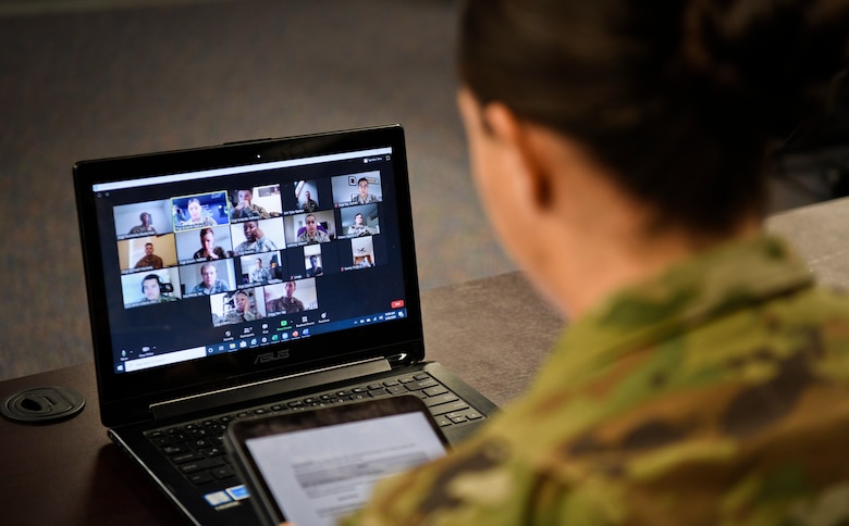 Tech. Sgt. Brianna Walberg, 436th Force Support
Squadron Airman Leadership School instructor,
discusses online with students from ALS Class 20E
May 29, 2020, at Dover Air Force Base, Delaware.
ALS Class 20E is online only per guidance from Air
University’s Barnes Center for Enlisted Education
due to COVID-19 restrictions. (U.S. Air Force photo by Senior Airman Christopher Quail)
