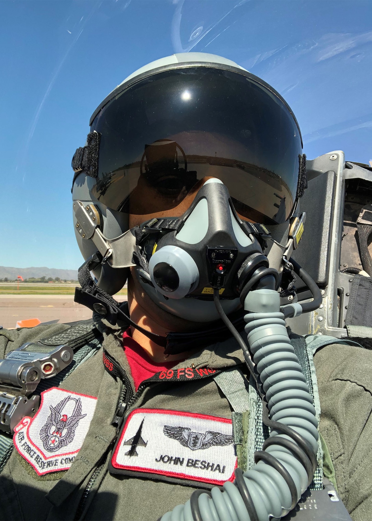 Lt. Col. John Beshai, 944th Aeromedical Staging Squadron flight surgeon, prepares for take-off in March 2019 during an F-16 training mission at Luke Air Force Base, Ariz. (Courtesy photo)