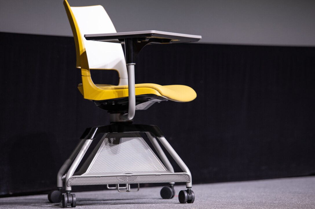 A chair sits on display on stage