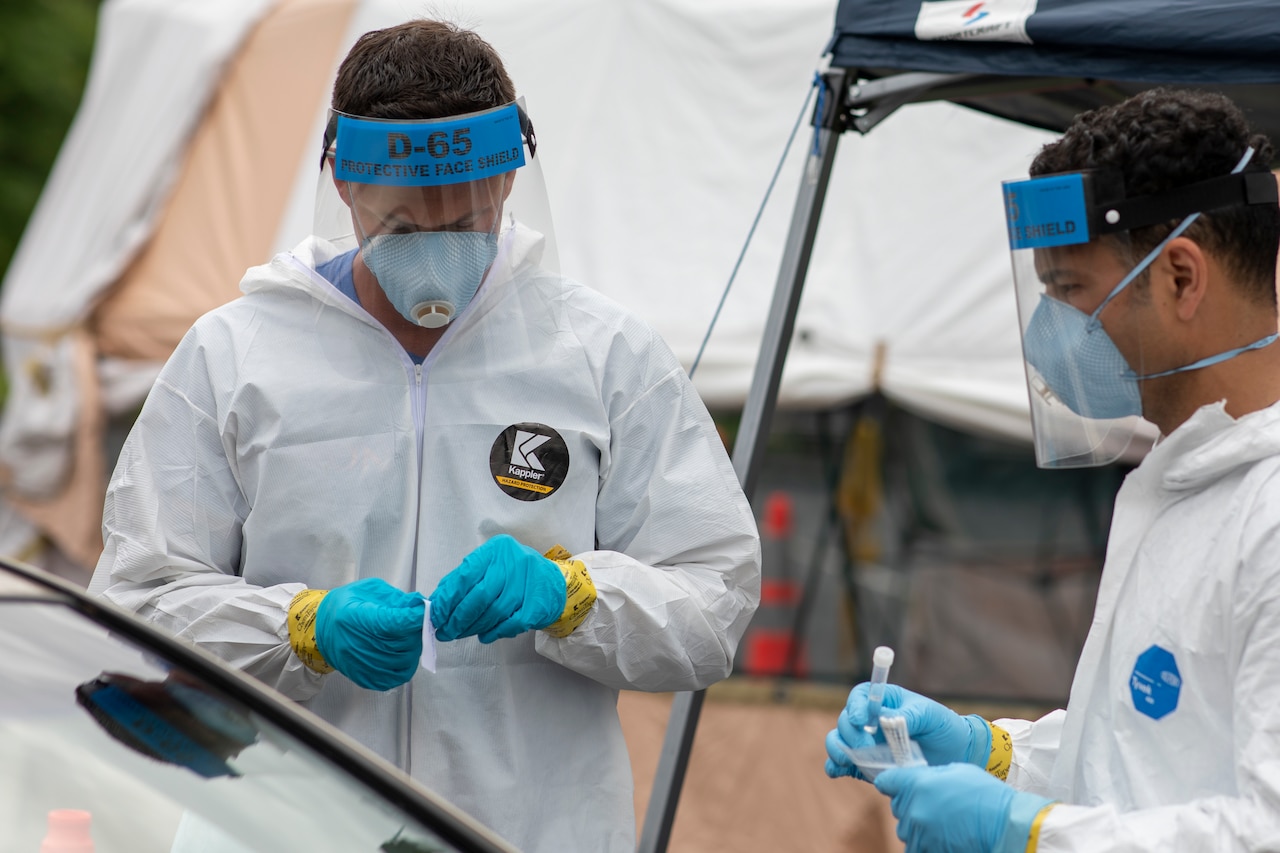 North Carolina guardsmen working at a COVID-19 test site.