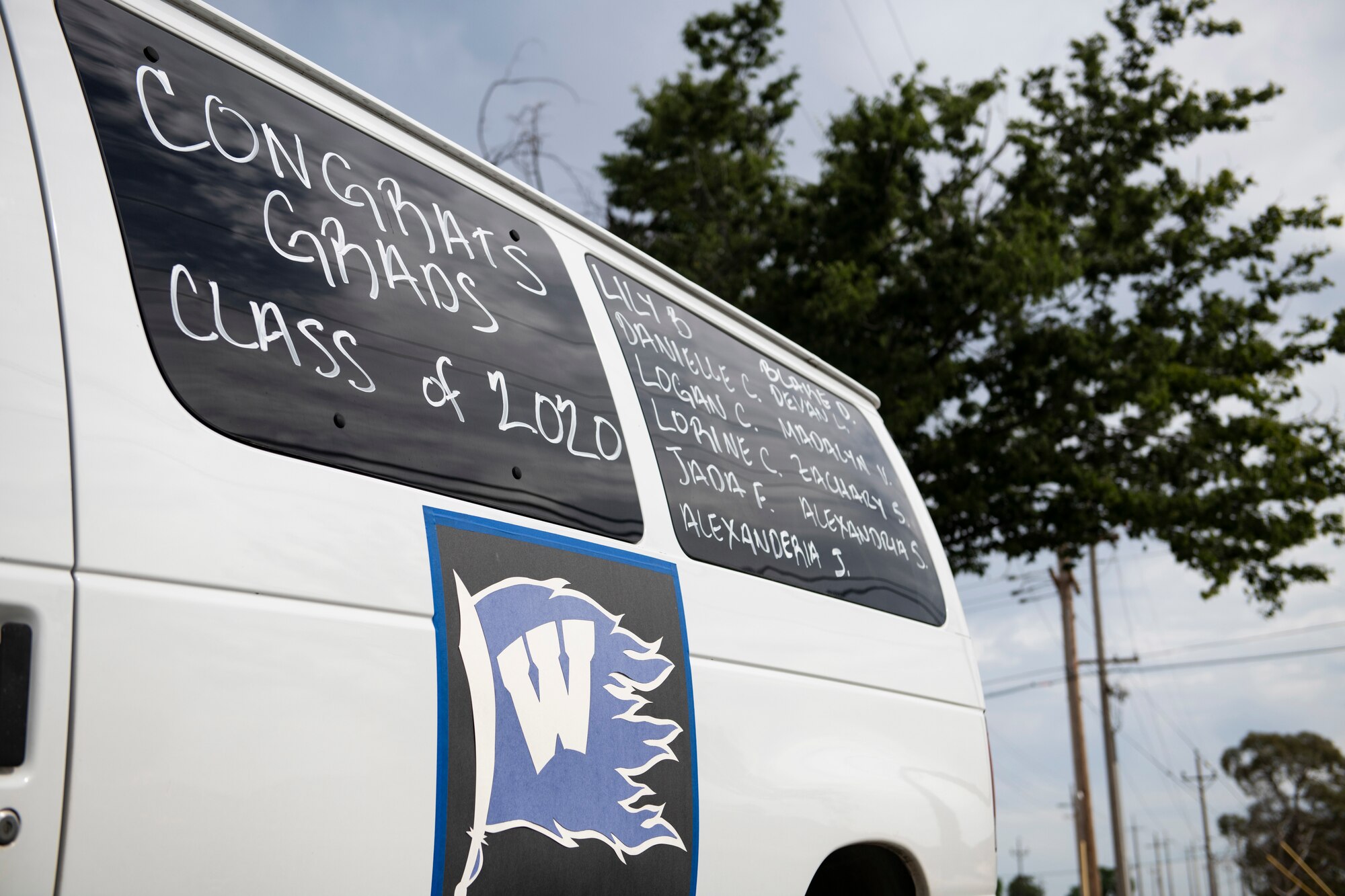 A van decorated to celebrate Beale’s 2020 high school graduates sits in a parking lot on Beale Air Force Base.
