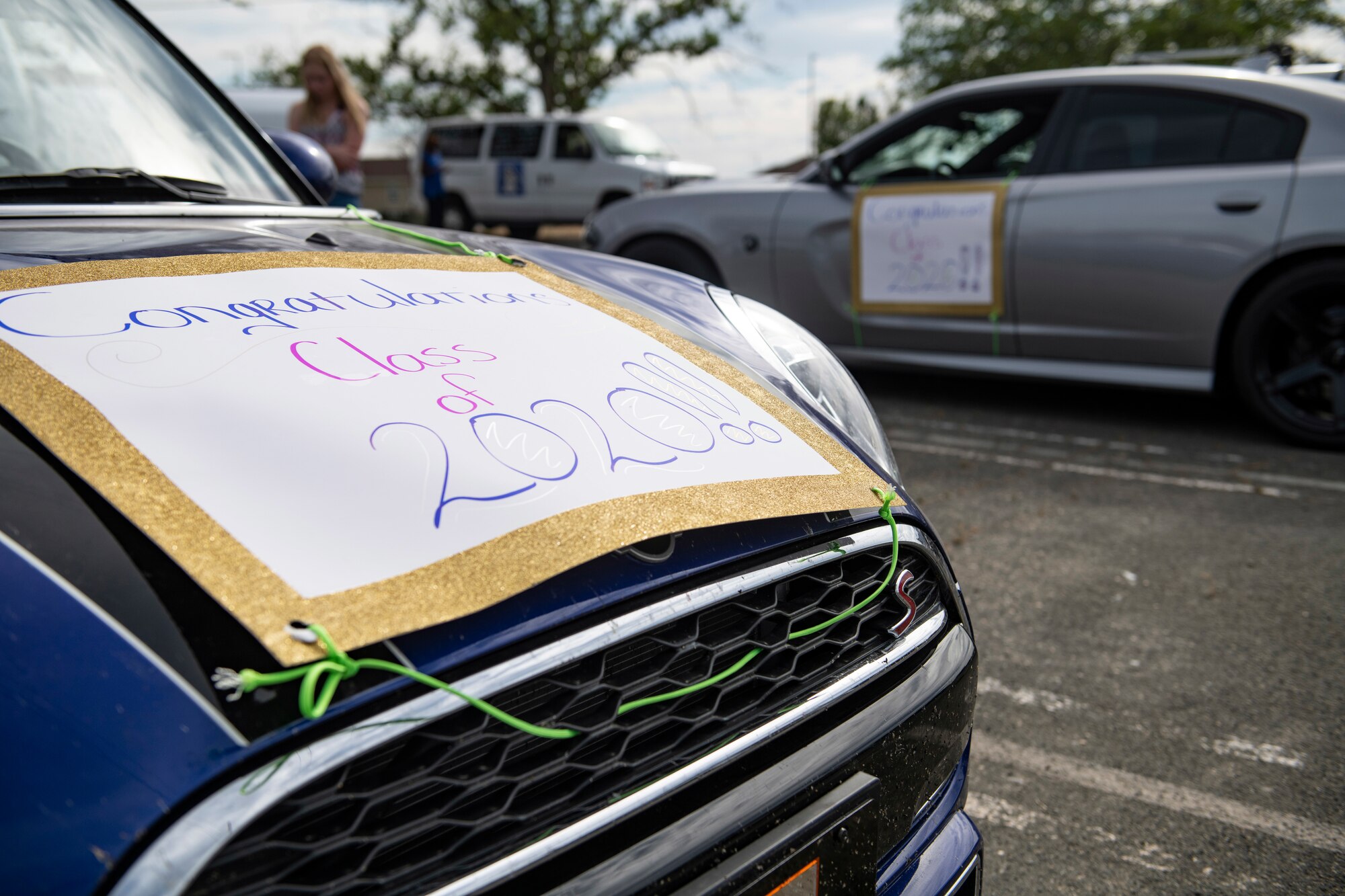 Cars decorated to celebrate Beale’s 2020 high school graduates sit in a parking lot on Beale Air Force Base.