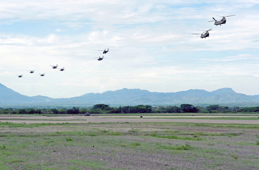U.S. Army soldiers assigned to Joint Task Force Bravo conducted a large formation helicopter exercise May 28 out of Soto Cano Air Base, Honduras. The exercise involved participation from the U.S. Army South’s 1-228 Aviation Regiment “Winged Warriors” and the use of 10 U.S. Army CH-47 Chinooks and UH-60L Blackhawk helicopters.