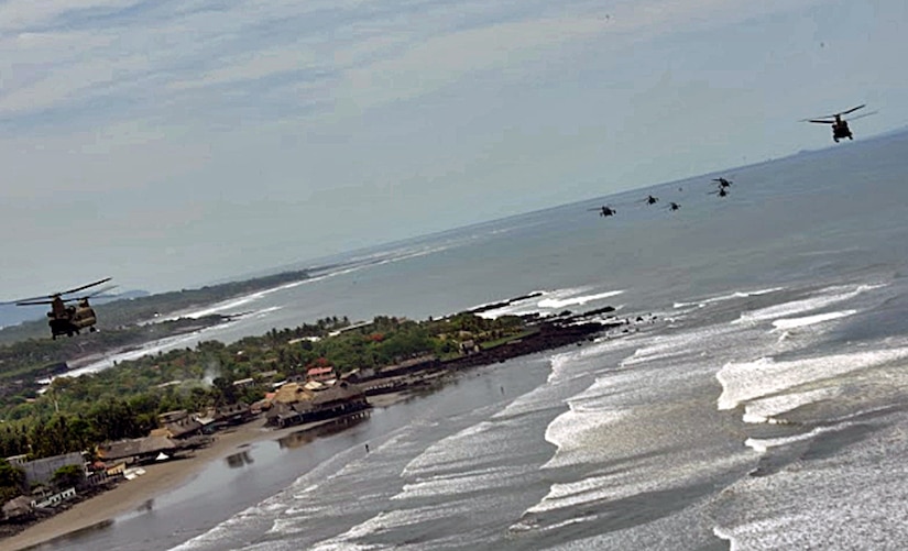 U.S. Army soldiers assigned to Joint Task Force Bravo conducted a large formation helicopter exercise May 28 out of Soto Cano Air Base, Honduras. The exercise involved participation from the U.S. Army South’s 1-228 Aviation Regiment “Winged Warriors” and the use of 10 U.S. Army CH-47 Chinooks and UH-60L Blackhawk helicopters.