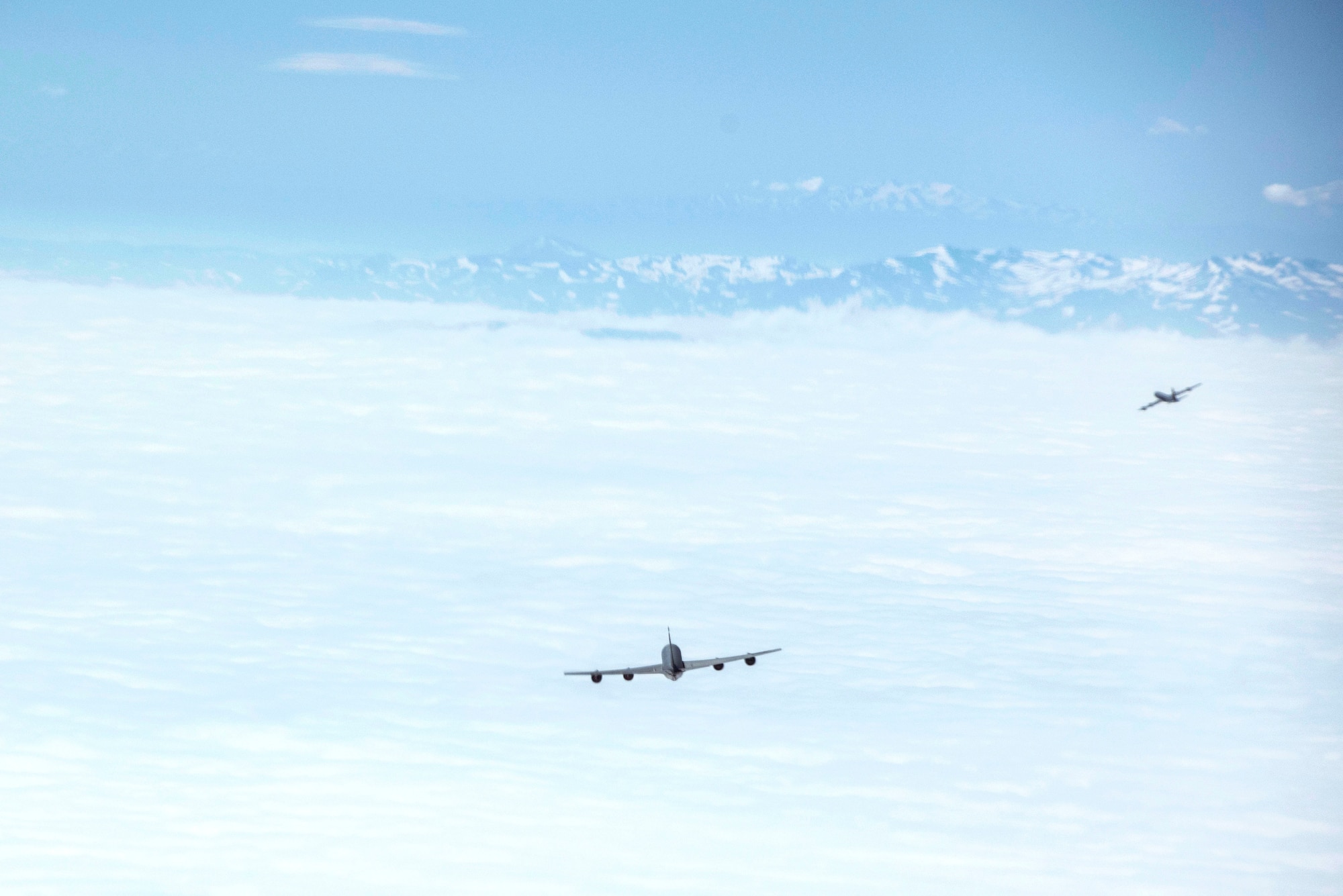 U.S. Air Force KC-135 Stratotankers assigned to 22nd Expeditionary Air Refueling Squadron fly in formation with Turkish Air Force KC-135 Stratotankers assigned to 10th Tanker Base, Incirlik Air Base, Turkey, over Turkey during a Bomber Task Force mission May 29, 2020. Operations and engagements with our allies and partners demonstrate and strengthen our shared commitment to global security and stability. (U.S. Air Force photo by Staff Sgt. Joshua Magbanua)