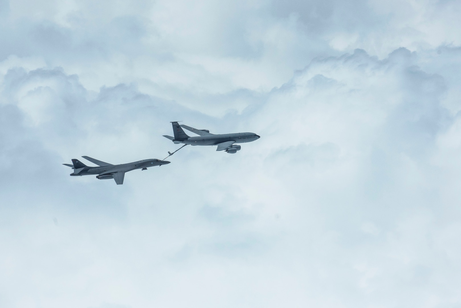 A B-1B Lancer assigned to the 28th Bomb Wing, Ellsworth Force Base, South Dakota, receives fuel from a Turkish air force KC-135 Stratotanker during a Bomber Task Force mission over the Black Sea May 29, 2020. Bomber missions enable crews to maintain a high state of readiness and proficiency, and validate our always-ready global strike capability. (U.S. Air Force photo by Staff Sgt. Joshua Magbanua)