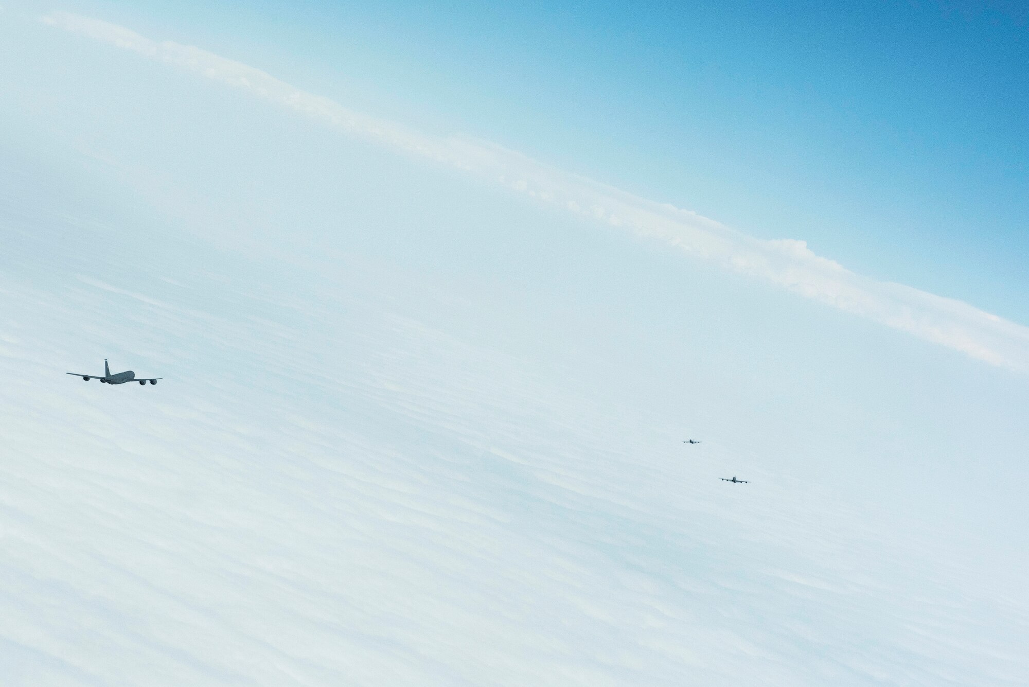 U.S. Air Force KC-135 Stratotankers assigned to 22nd Expeditionary Air Refueling Squadron fly in formation with Turkish air force KC-135 Stratotankers assigned to 10th Tanker Base, Incirlik Air Base, Turkey, over the Black Sea during a Bomber Task Force mission May 29, 2020. Training with our NATO allies and theater partner nations contributes to enhanced resiliency and interoperability and enables us to build enduring relationships necessary to confront the broad range of global challenges. (U.S. Air Force photo by Staff Sgt. Joshua Magbanua)