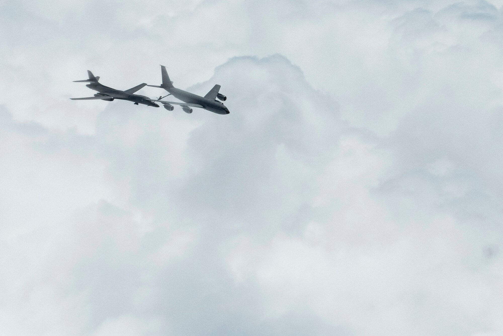 A B-1B Lancer assigned to the 28th Bomb Wing, Ellsworth Force Base, South Dakota, receives fuel from a Turkish air force KC-135 Stratotanker during a Bomber Task Force mission over the Black Sea May 29, 2020. Bomber missions enable crews to maintain a high state of readiness and proficiency, and validate our always-ready global strike capability. (U.S. Air Force photo by Staff Sgt. Joshua Magbanua)