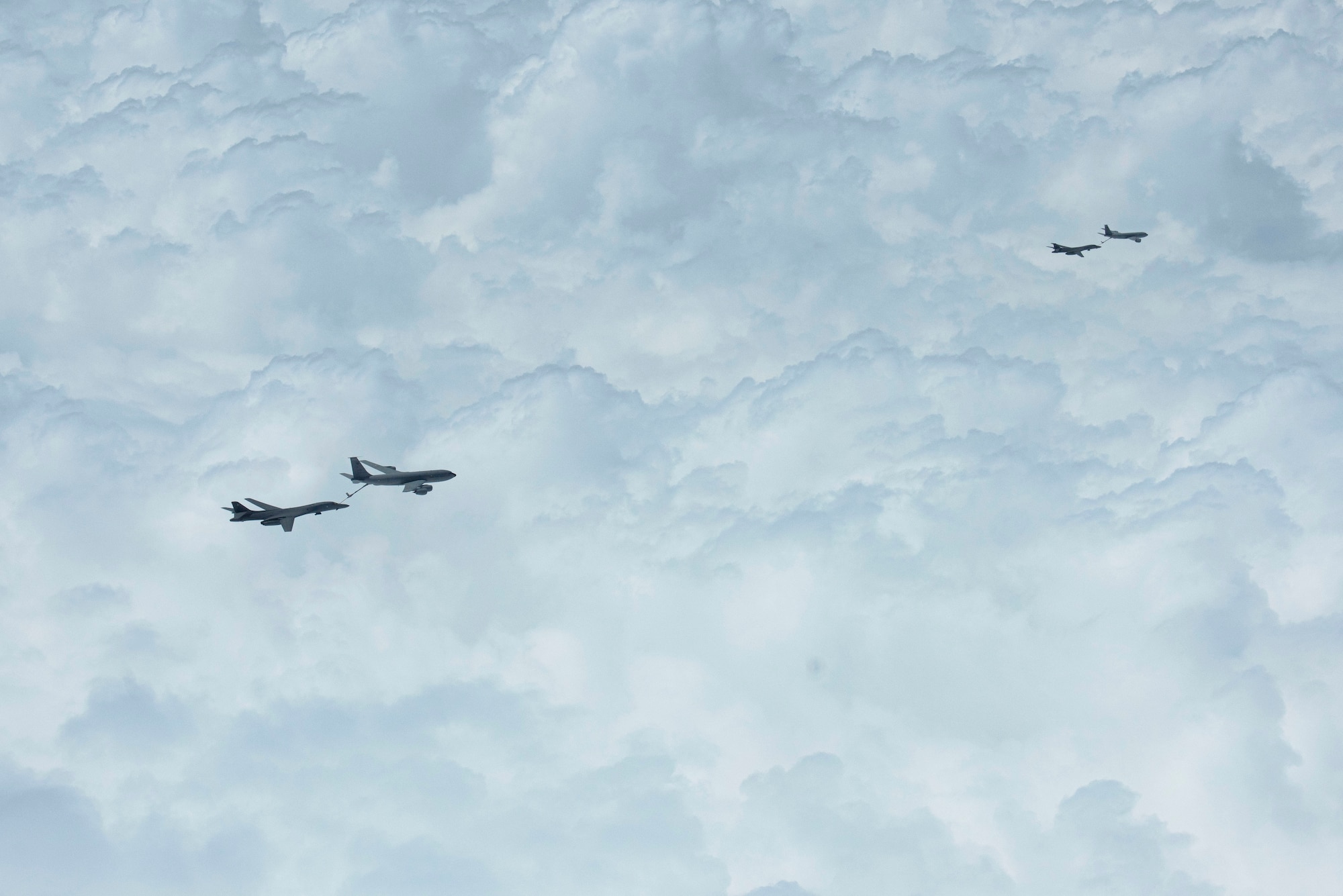 Two B-1B Lancers assigned to the 28th Bomb Wing, Ellsworth Air Force Base, South Dakota, receive fuel from Turkish air force KC-135 Stratotankers during a Bomber Task Force mission over the Black Sea May 29, 2020. Training with our NATO allies and theater partner nations contributes to enhanced resiliency and interoperability and enables us to build enduring relationships necessary to confront the broad range of global challenges. (U.S. Air Force photo by Staff Sgt. Joshua Magbanua)