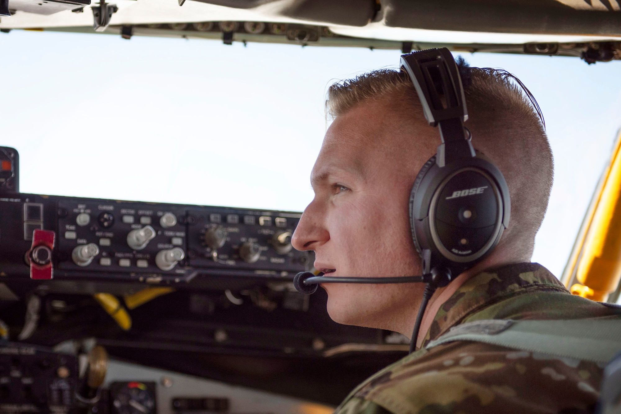 U.S. Air Force 1st Lt. Peter Kuzniewski, 22nd Expeditionary Air Refueling Squadron KC-135 Stratotanker pilot, helps pilot one of his squadron’s aircraft during a training flight over the Black Sea May 29, 2020. Our ability to quickly respond and assure allies and partners rests upon the fact that we are here, in Europe, forward and ready. (U.S. Air Force photo by Staff Sgt. Joshua Magbanua)