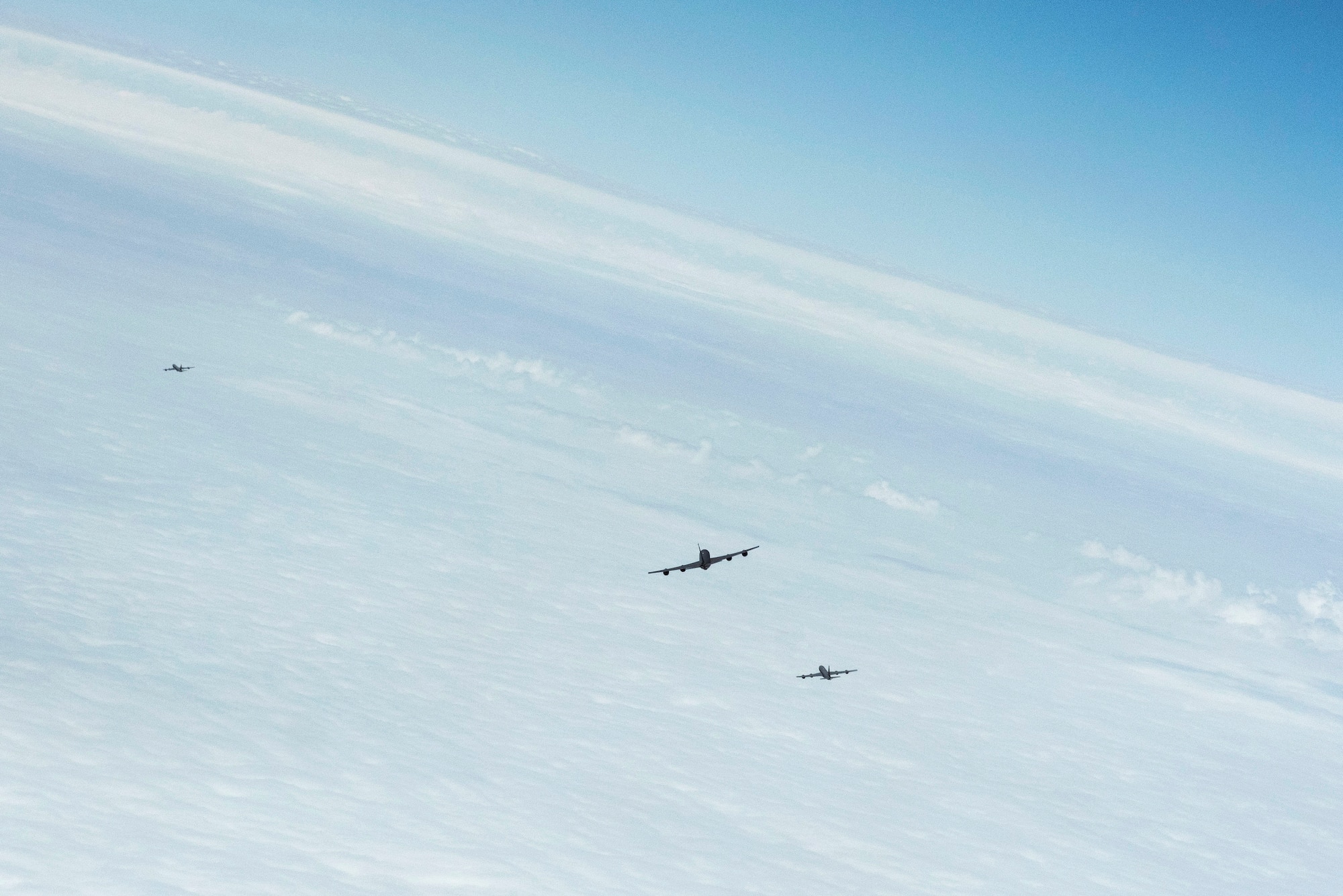 U.S. Air Force KC-135 Stratotankers assigned to 22nd Expeditionary Air Refueling Squadron fly in formation with Turkish air force KC-135 Stratotankers assigned to 10th Tanker Base, Incirlik Air Base, Turkey, over the Black Sea during a Bomber Task Force mission May 29, 2020. Training with our NATO allies and theater partner nations contributes to enhanced resiliency and interoperability and enables us to build enduring relationships necessary to confront the broad range of global challenges. (U.S. Air Force photo by Staff Sgt. Joshua Magbanua)