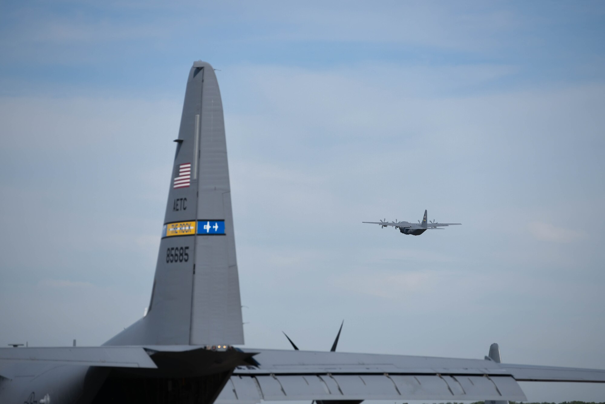A C-130J Super Hercules assigned to the 314 Airlift Wing flies over Little Rock Air Force Base, Arkansas.
