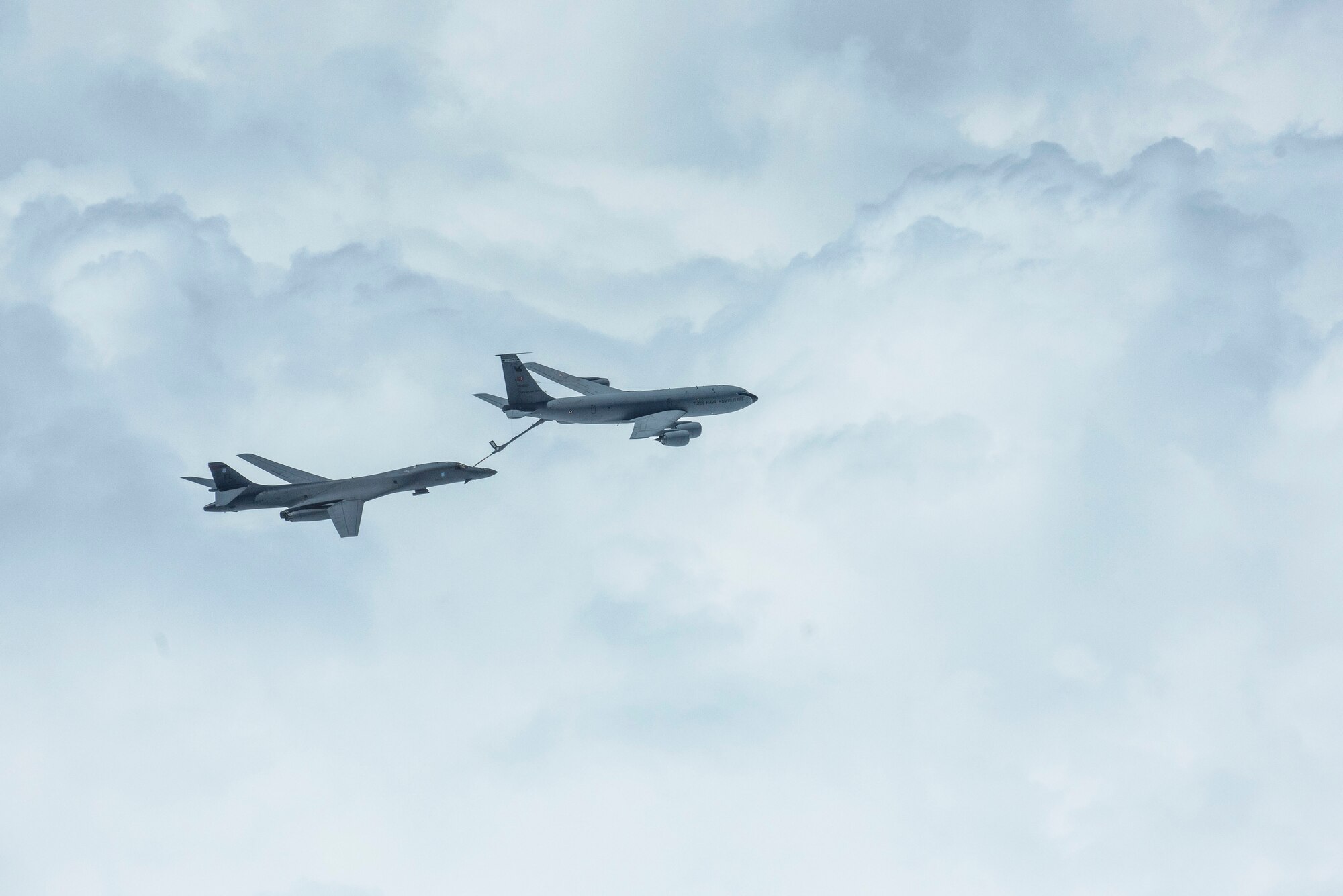 A B-1B Lancer assigned to the 28th Bomb Wing, Ellsworth Force Base, South Dakota, receives fuel from a Turkish air force KC-135 Stratotanker during a Bomber Task Force mission over the Black Sea May 29, 2020. Bomber missions enable crews to maintain a high state of readiness and proficiency, and validate our always-ready global strike capability. (U.S. Air Force photo by Staff Sgt. Joshua Magbanua)