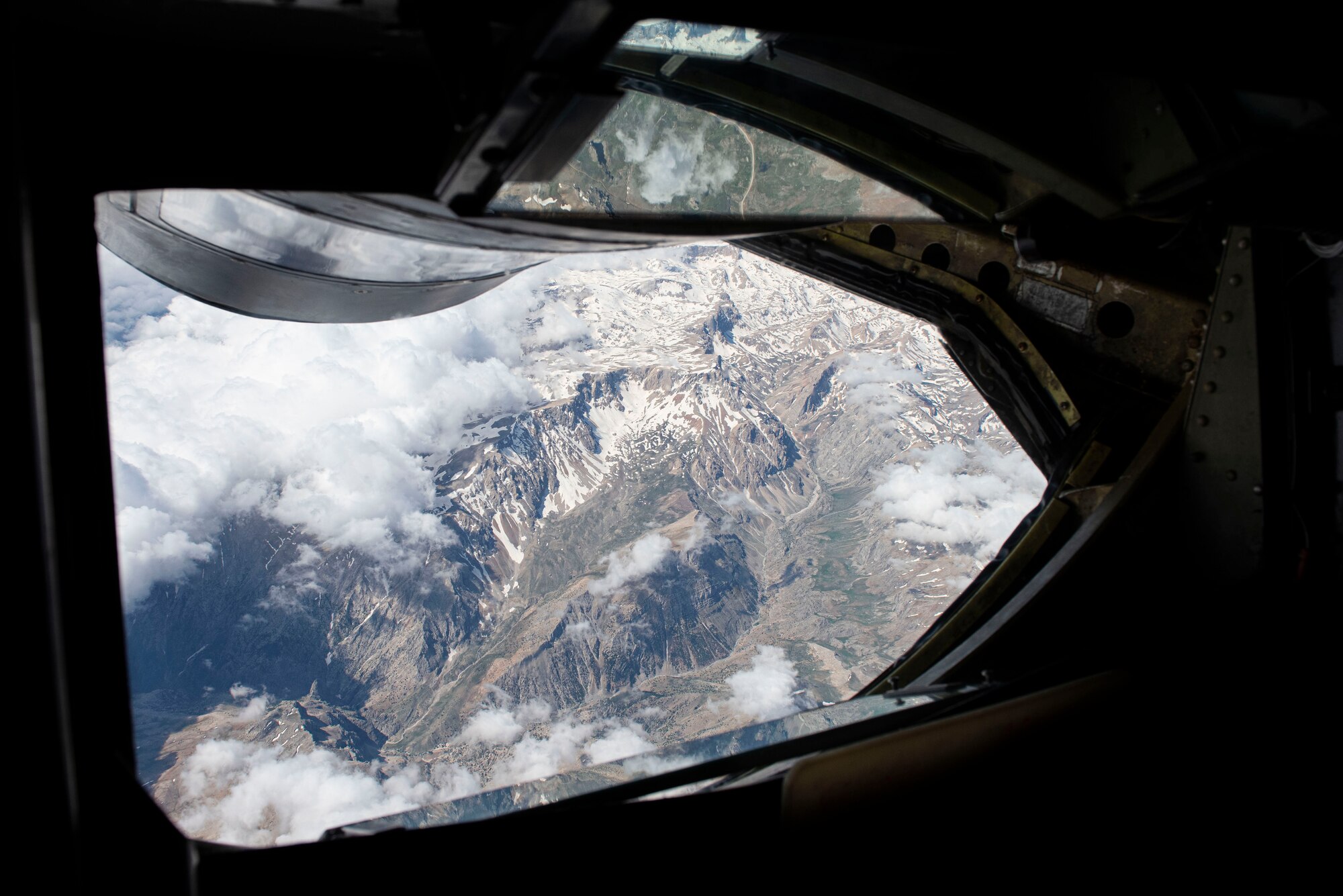 A mountain range is seen from a U.S. KC-135 Stratotanker assigned to 22nd Expeditionary Air Refueling Squadron during a training flight over Turkey, May 29, 2020. The transatlantic strategic relationship between the U.S. and Europe has been forged throughout the past seven decades, and it is built on a foundation of shared values, experiences, and vision. (U.S. Air Force photo by Staff Sgt. Joshua Magbanua)