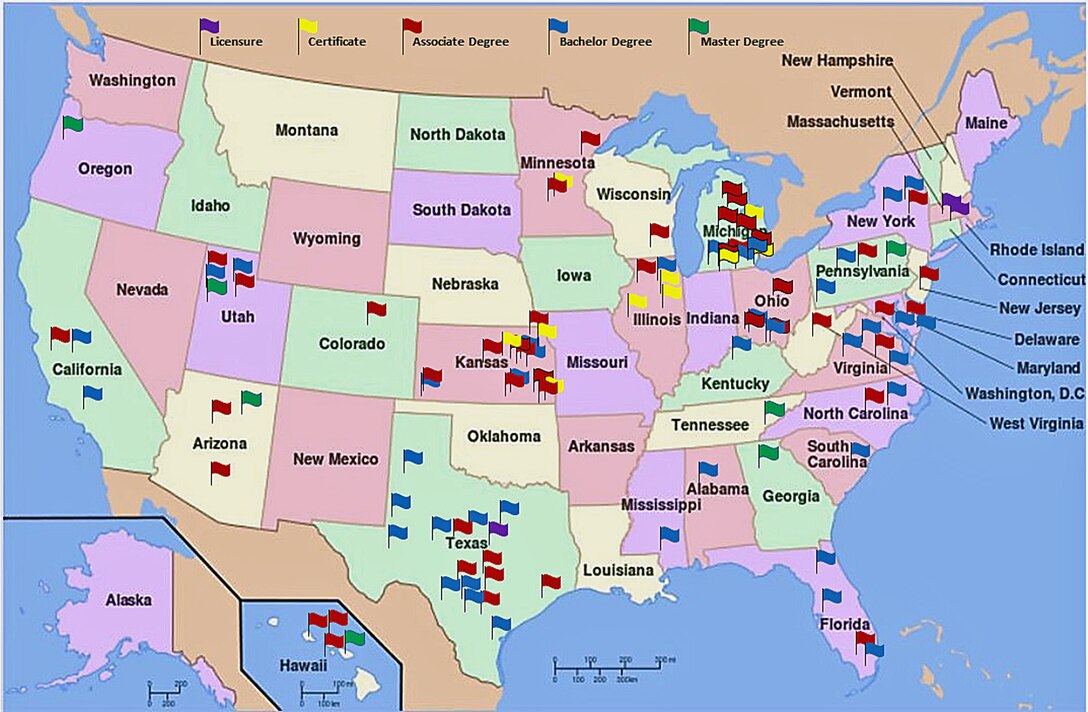 The map depicts states where the Medical Education and Training Campus has partnerships with colleges and universities, and the degree levels the schools offer.