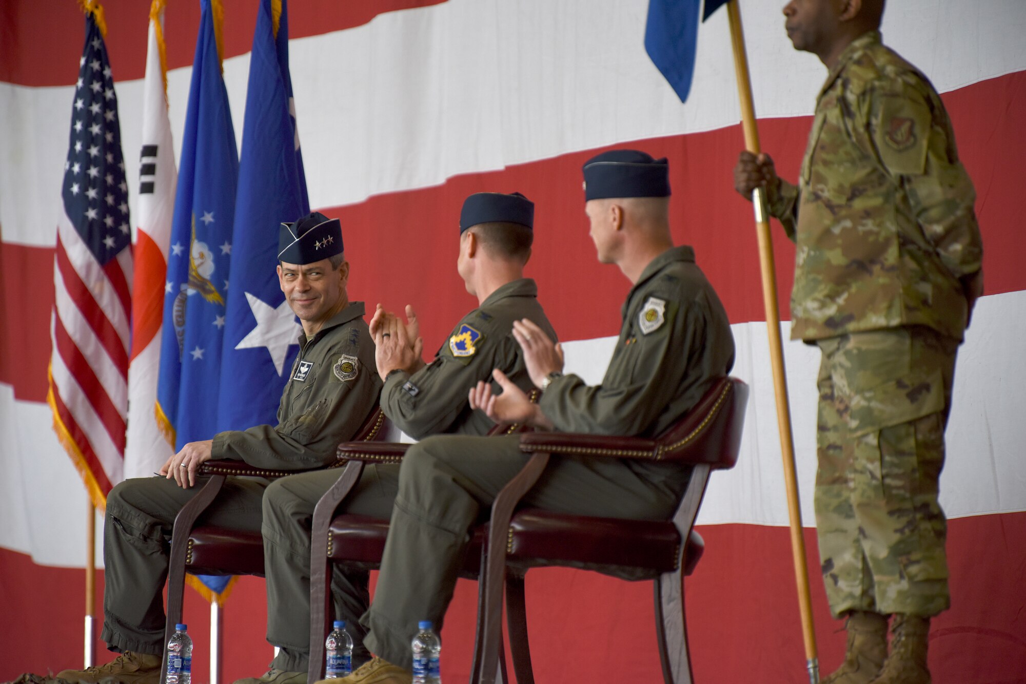 U.S. Air Force Lt. Gen. Ken Wilsbach, 7th Air Force commander, presided over the 8th Fighter Wing change of command ceremony at Kunsan Air Base, Republic of Korea, June 2, 2020. Wilsbach welcomed Col. Christopher Hammond to the Wolf Pack as Wolf 60. (U.S. Air Force photo by Staff Sgt. Mackenzie Mendez)