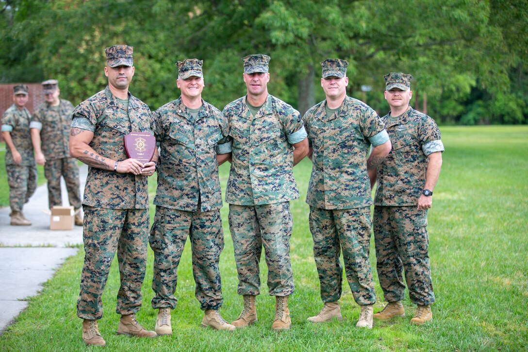 Marines with 2nd Marine Logistics Group receive unit awards as part of 2nd MLG’s unit recognition program at Camp Lejeune, North Carolina, May 28, 2020. (U.S. Marine Corps photo by Lance Cpl. Scott Jenkins)