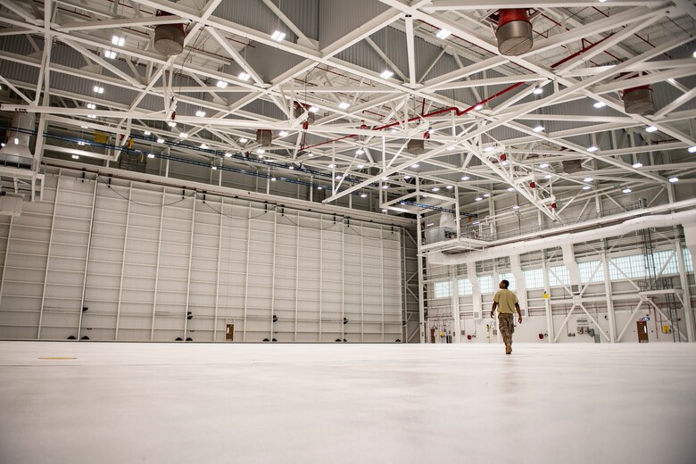 Staff Sgt. Larry Price, 911th Maintenance Squadron crew chief, explores the new two-bay hangar at the Pittsburgh International Airport Air Reserve Station, Pennsylvania, May 28, 2020.