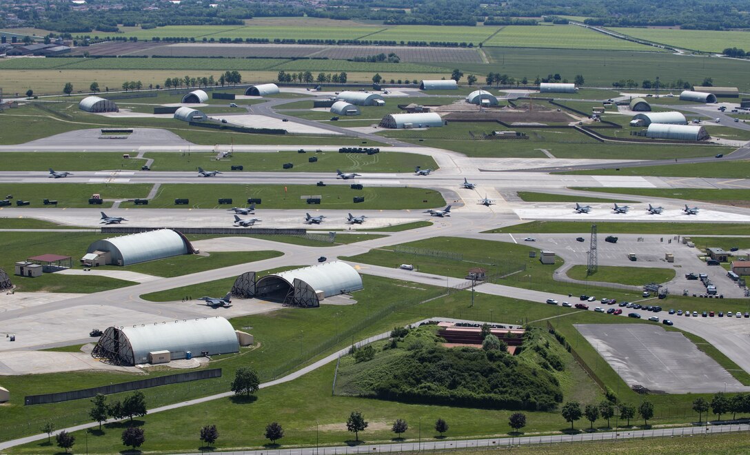 U.S. Air Force F-16 Fighting Falcons assigned to the 31st Fighter Wing taxi on the runway following an elephant walk. The elephant walk exhibited continued combat power while also giving thanks to first responders, doctors and all personnel taking part in the battle against COVID-19. (U.S. Air Force photo by Airman Thomas S. Keisler IV)