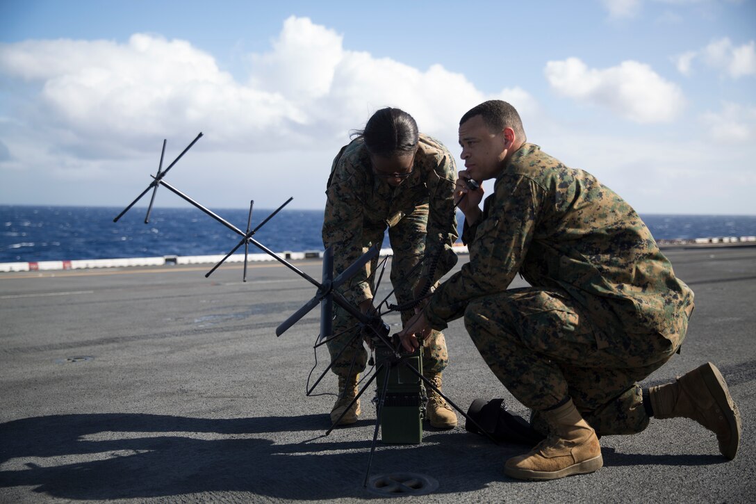 Marines operate an AN/PRC-117G radio aboard amphibious assault ship USS Bataan, March 6.