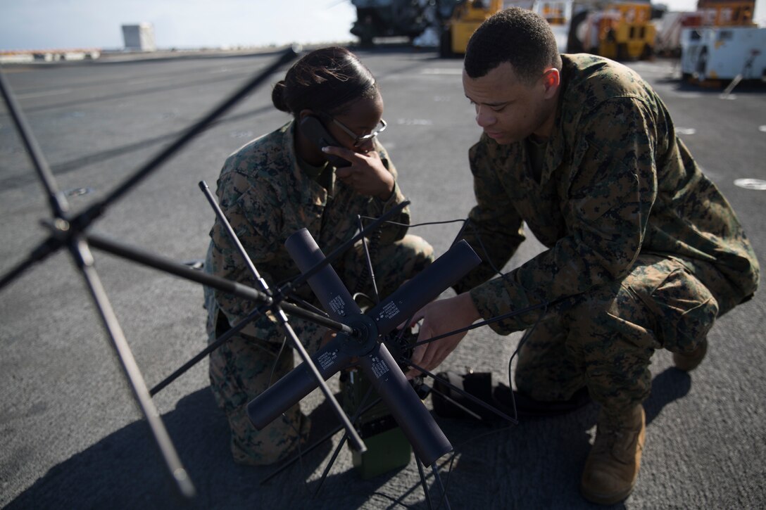 Marines operate an AN/PRC-117G radio aboard amphibious assault ship USS Bataan, March 6.