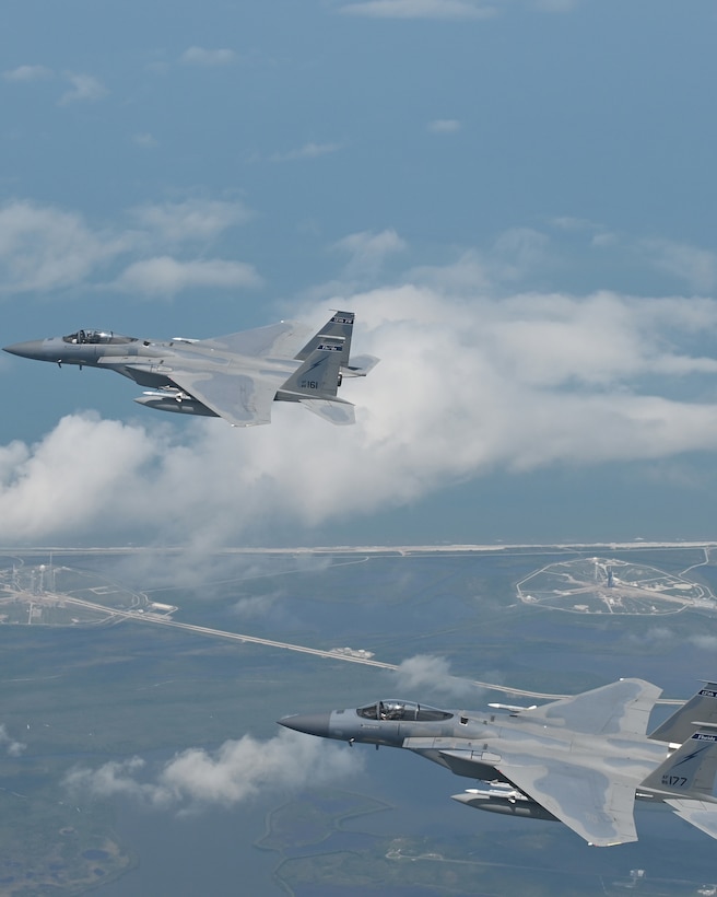 Florida Air National Guard F-15s from the 125th Fighter Wing, Jacksonville, Florida, conducted a North American Aerospace Defense Command (NORAD) mission, defending the skies over the Kennedy Space Center during the first manned space launch in nearly nine years, Cape Canaveral, Florida, May 30, 2020.