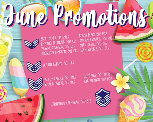 Promotions from the 507th Air Refueling Wing enlisted ranks June 3, 2020, at Tinker Air Force Base. (U.S. Air Force graphic by Senior Airman Mary Begy)