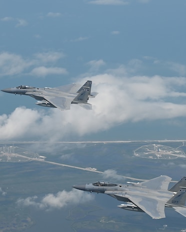 Florida Air National Guard F-15s from the 125th Fighter Wing, Jacksonville, Florida, conducted a North American Aerospace Defense Command (NORAD) mission, defending the skies over the Kennedy Space Center during the first manned space launch in nearly nine years, Cape Canaveral, Florida, May 30, 2020.