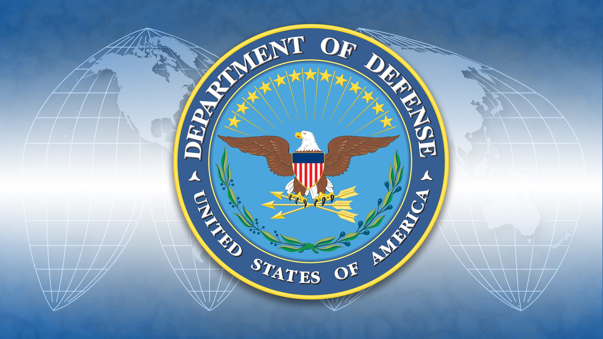 The Department of Defense emblem on a background with a segmented world map.
