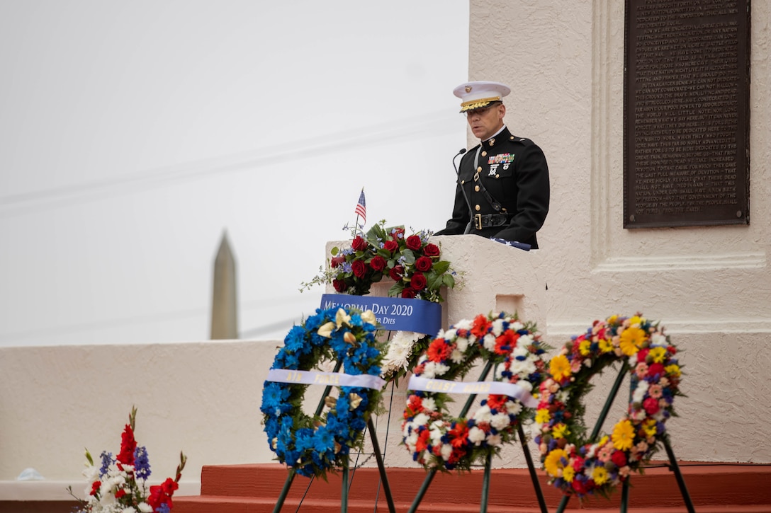 Brig. Gen. Ryan P. Heritage speaks to the audience during an annual Memorial Day ceremony at Fort Rosecrans National Cemetery, May 25.