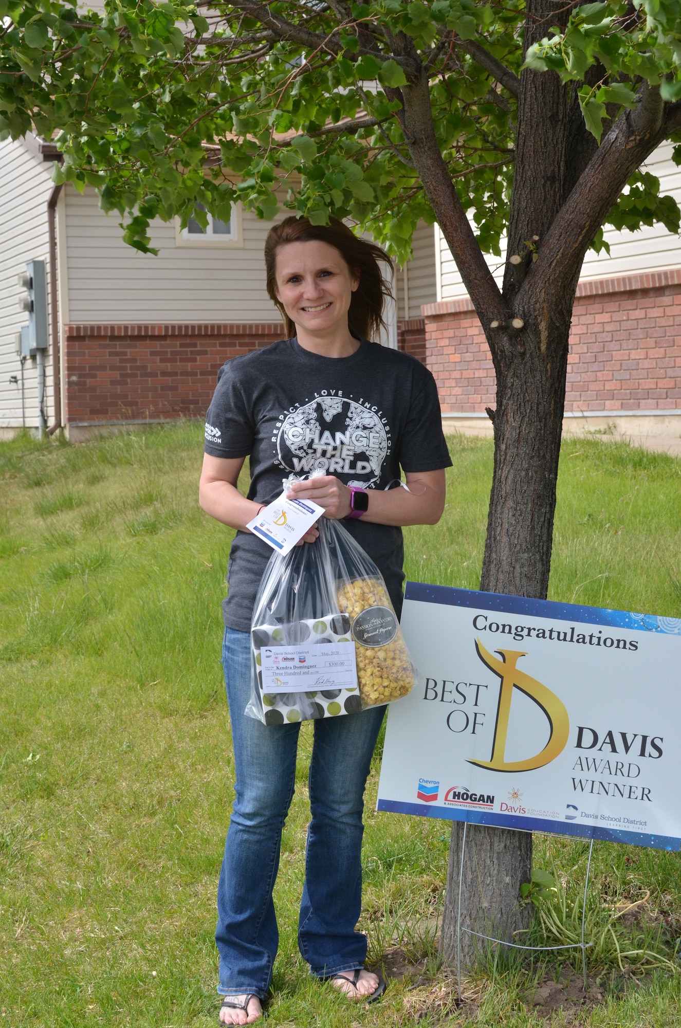 "The 2020 Best of Davis Award" is awarded to Kendra Dominguez by the Davis County School District at her home at Hill Air Force Base, Utah, May 20, 2020. Dominguez is currently a special education teacher at Sunset Elementary School and serves on several education committees in the school district. The award is given annually to teachers and support staff who exemplify excellence. (Courtesy photo)