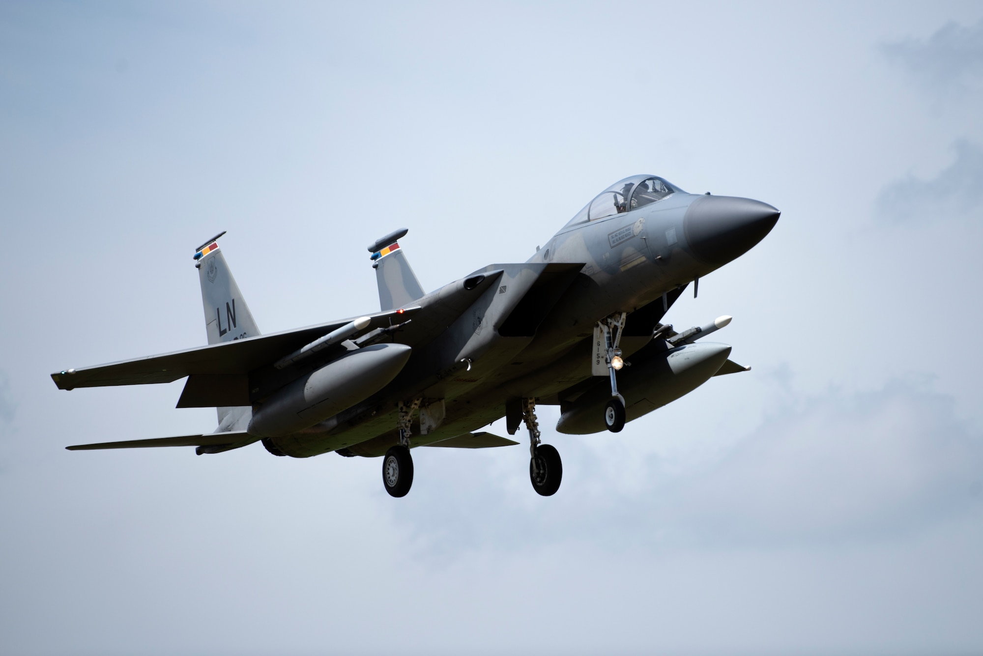 An F-15C Eagle assigned to the 493rd Fighter Squadron prepares to land at Royal Air Force Lakenheath, England, June 2, 2020. The 493rd FS conducts routine training to ensure the Liberty Wing is always ready to deliver air combat capabilities to the fight when called upon. (U.S. Air Force photo by Airman 1st Class Jessi Monte)