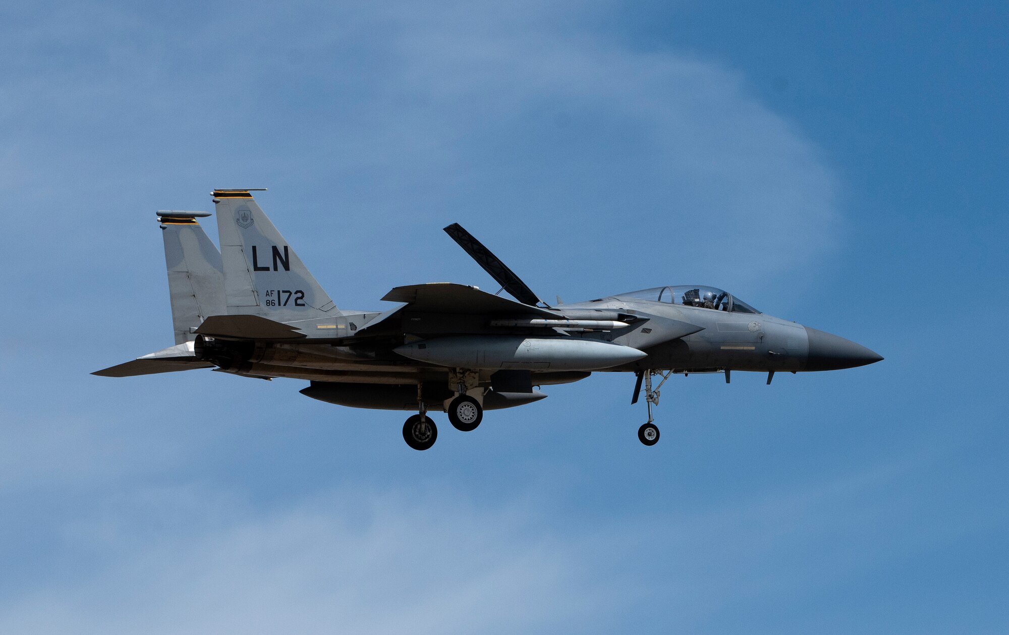 An F-15C Eagle assigned to the 493rd Fighter Squadron prepares to land at Royal Air Force Lakenheath, England, June 2, 2020. The Liberty Wing continues to maintain combat readiness in order to safeguard U.S. national interests and those of NATO Allies and partners. (U.S. Air Force photo by Airman 1st Class Jessi Monte)