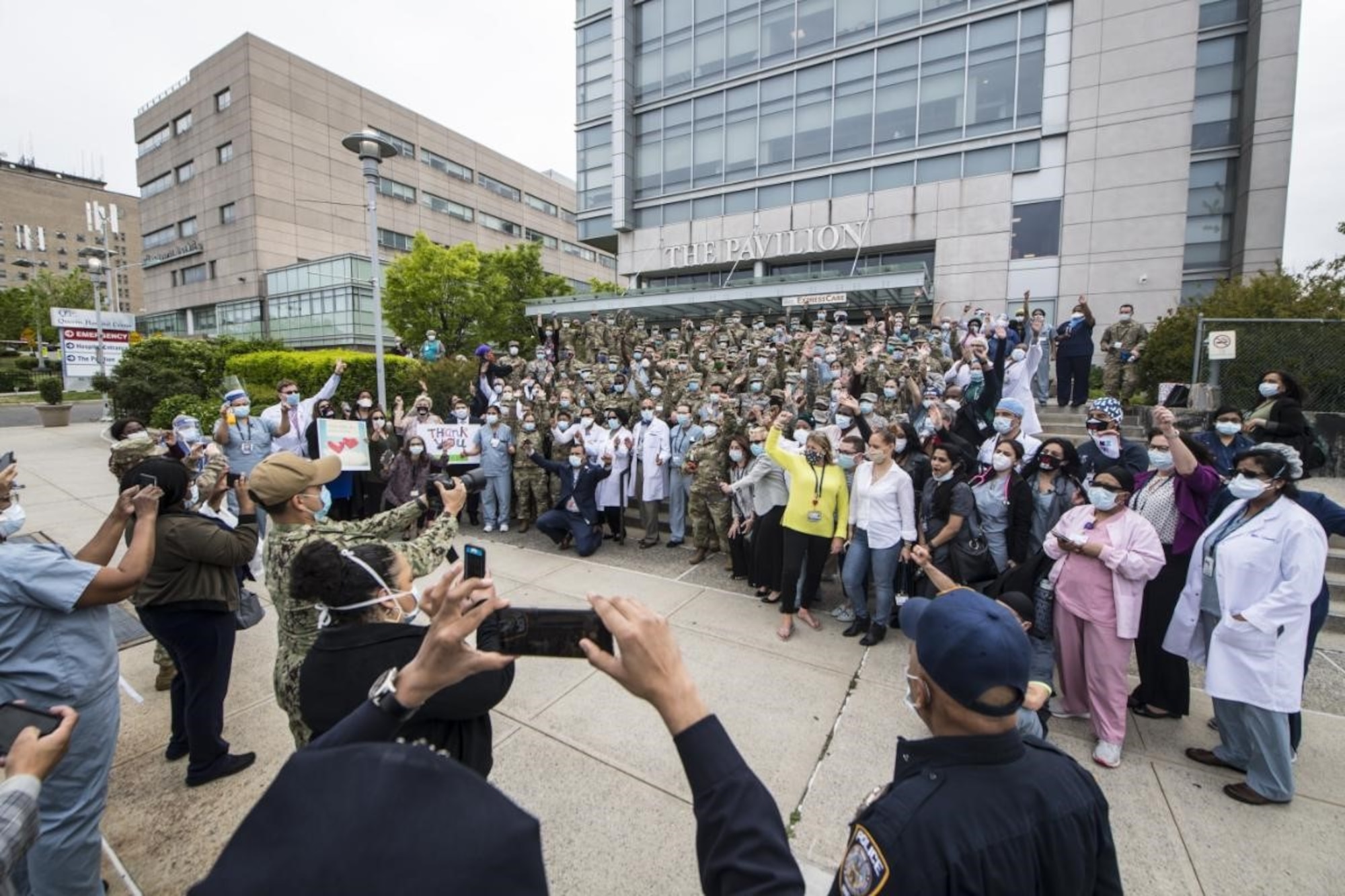 Reserve Citizen Airmen, along with other military members deployed to help in New York hospitals, were given a celebratory send off May 22 at the Queens Hospital Center in New York City. Military personnel were all thanked for their help assisting hospital staff with COVID-19 patients. (Senior Airman Xavier Navarro)